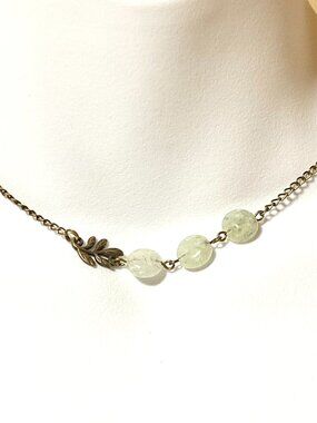 2/$20, Natural Pale Green Prehnite Short Necklace, Gemstone & Bronze Leaf Branch